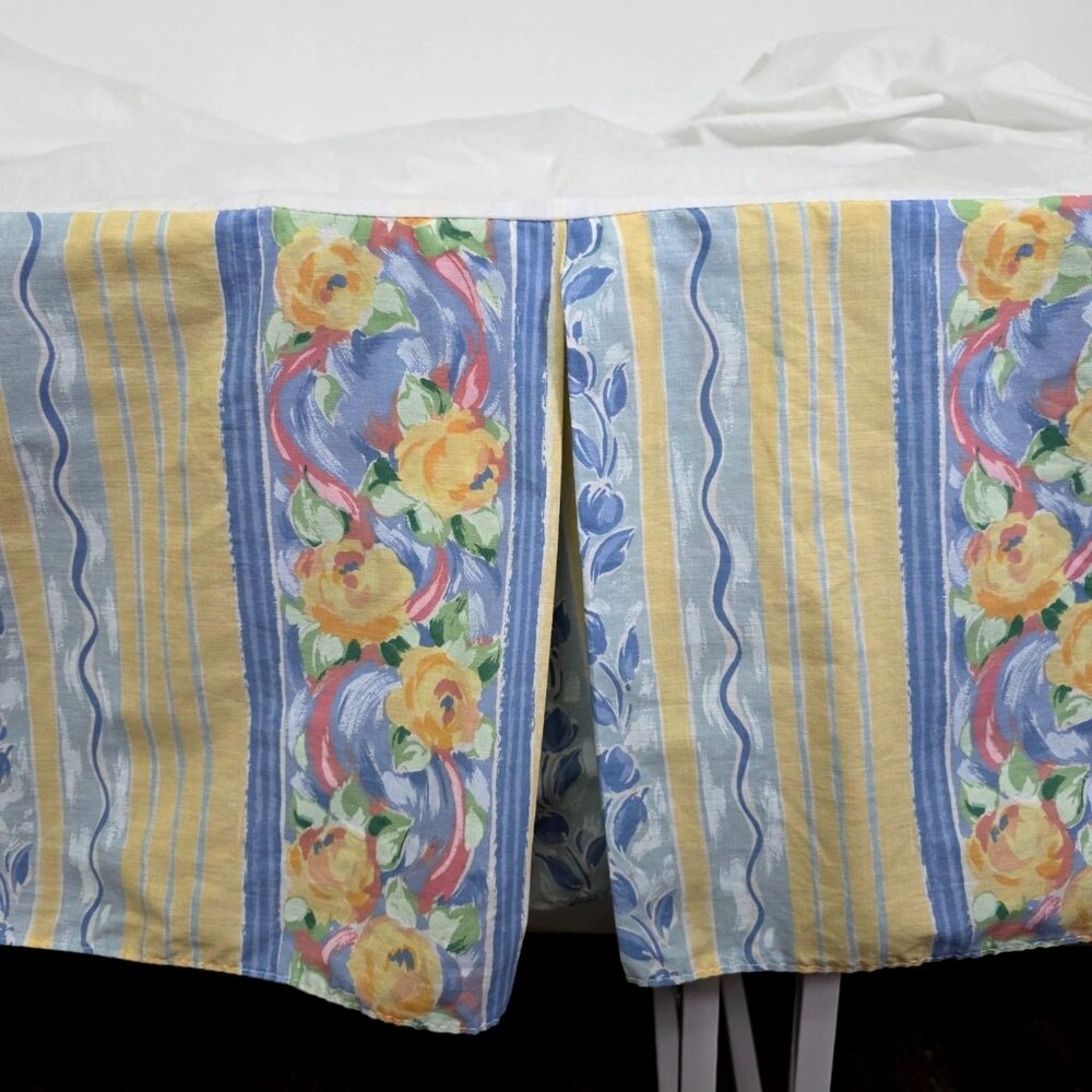 Vintage Croscill Fiesta Bed Skirt Queen Size Floral Striped Yellow Blue Roses